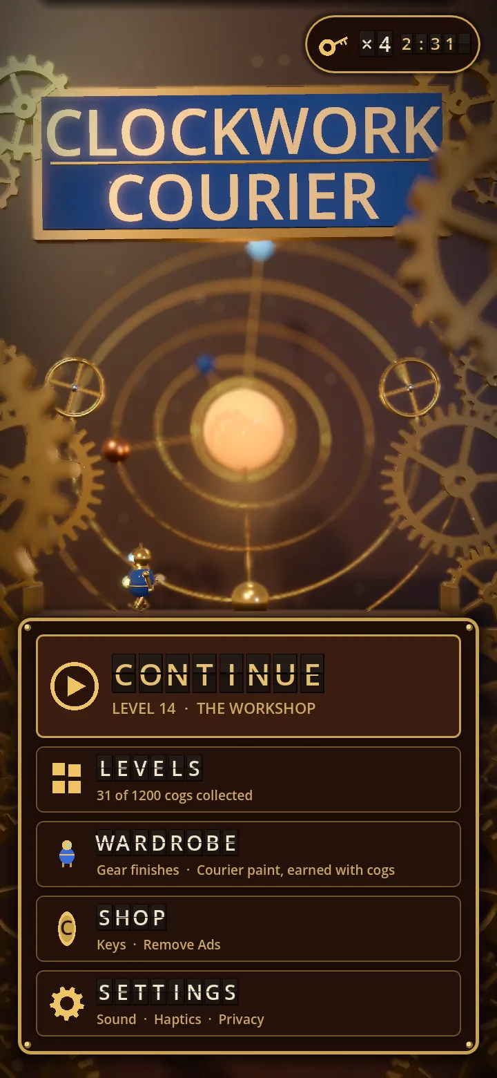 The title screen: a turning orrery behind split-flap menu boards reading Continue, Levels, Wardrobe, Shop and Settings.