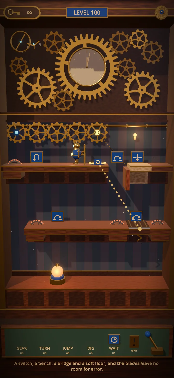 A Workshop room in planning: a gear train hung on the back wall and Job Cards placed along the Courier's path.