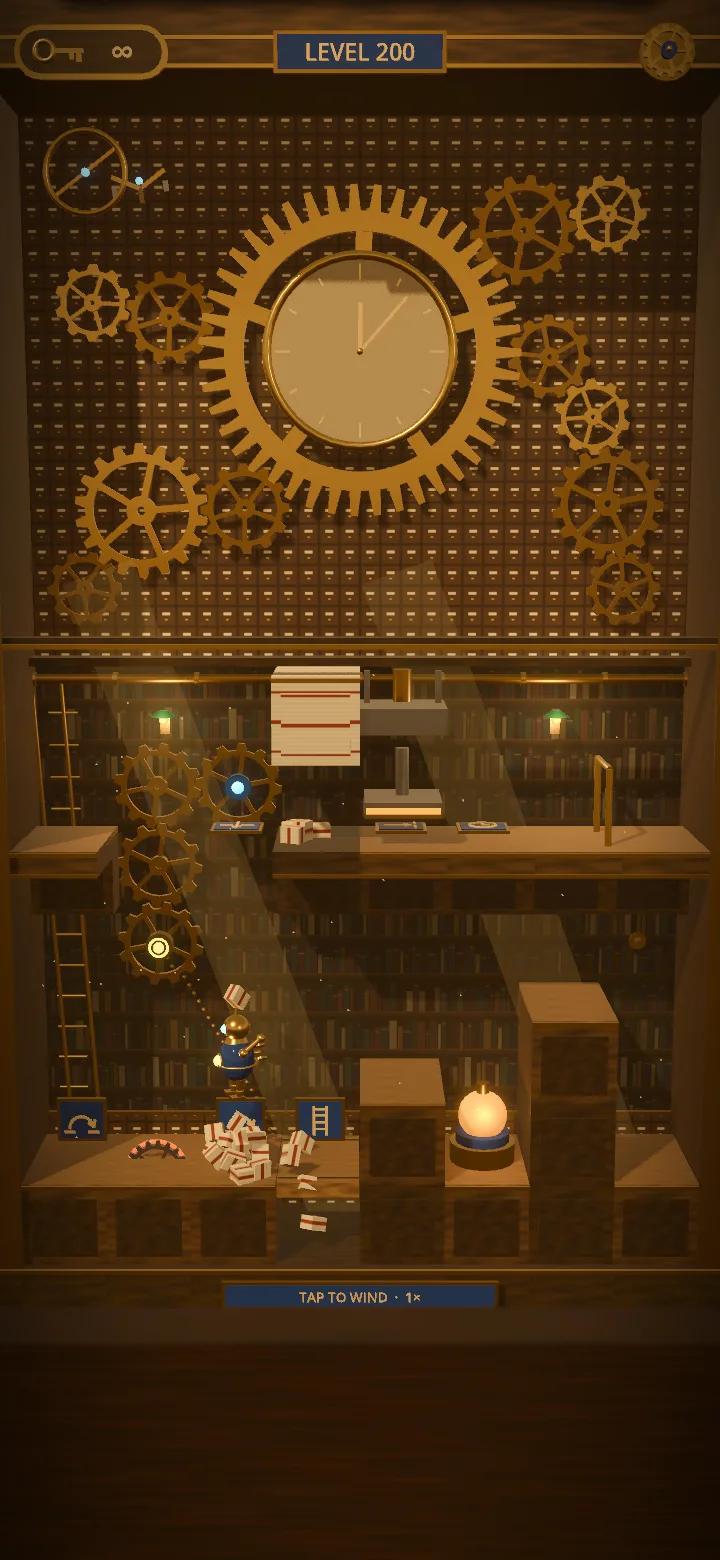 An Archives room mid-run: the Courier digging through a paper-stack floor between tall bookshelves and ladders.