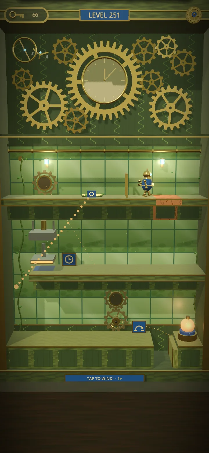 A Botanical Mechanism room mid-run: a press slamming on its beat as the Courier waits its turn.