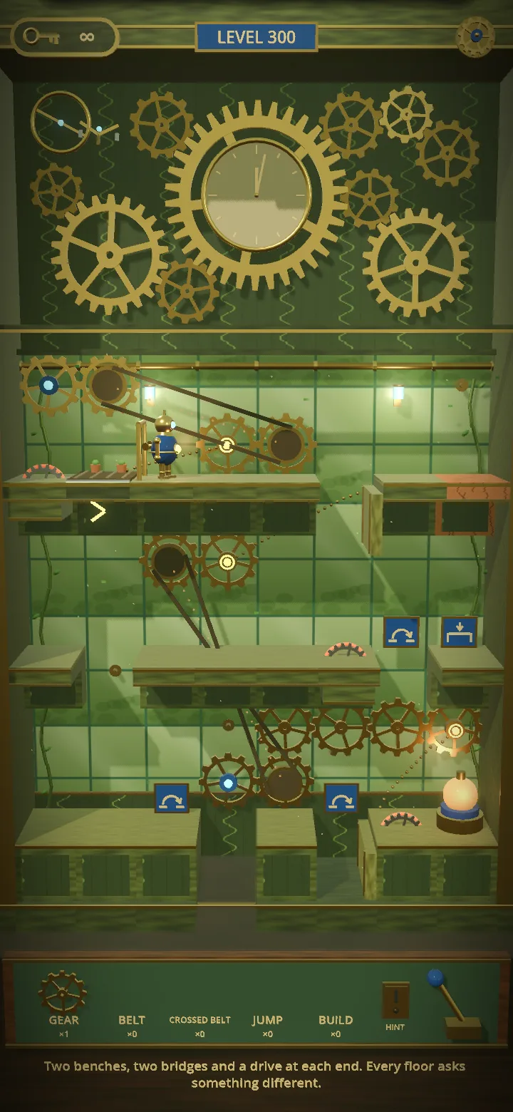 A glasshouse room with belts and gear trains hung on the back wall to drive two drawbridges.