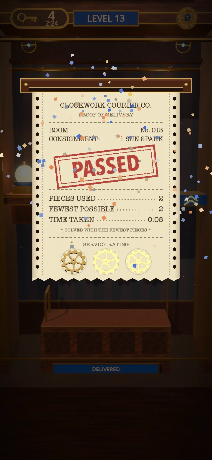 The delivery docket: PASSED stamped in red, pieces used against the fewest possible, and three brass cogs.
