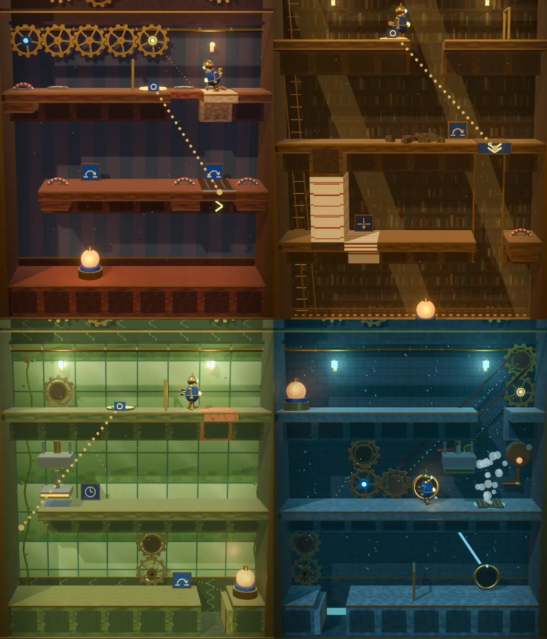 Four rooms side by side, one from each wing: the Workshop, the Archives, Botanical Mechanism and Hydro-Vaults.