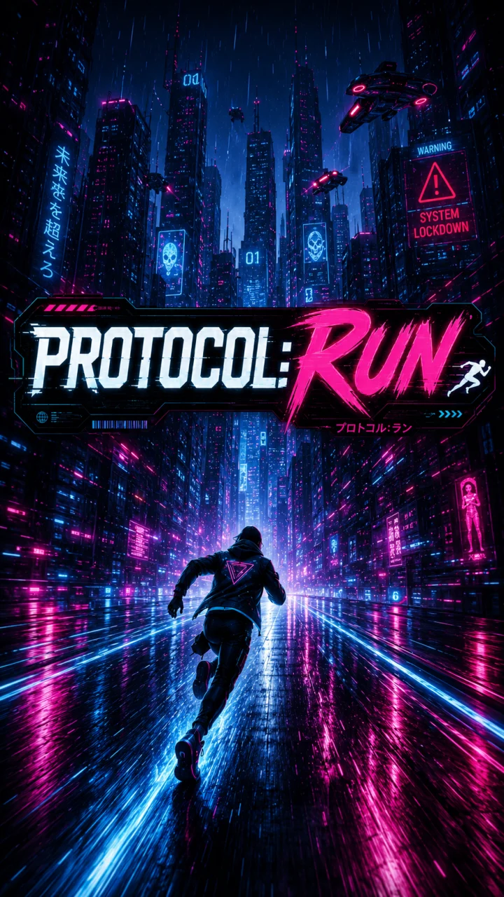 Protocol:RUN key art: the runner sprinting down a rain-soaked neon street beneath the city and its drones.