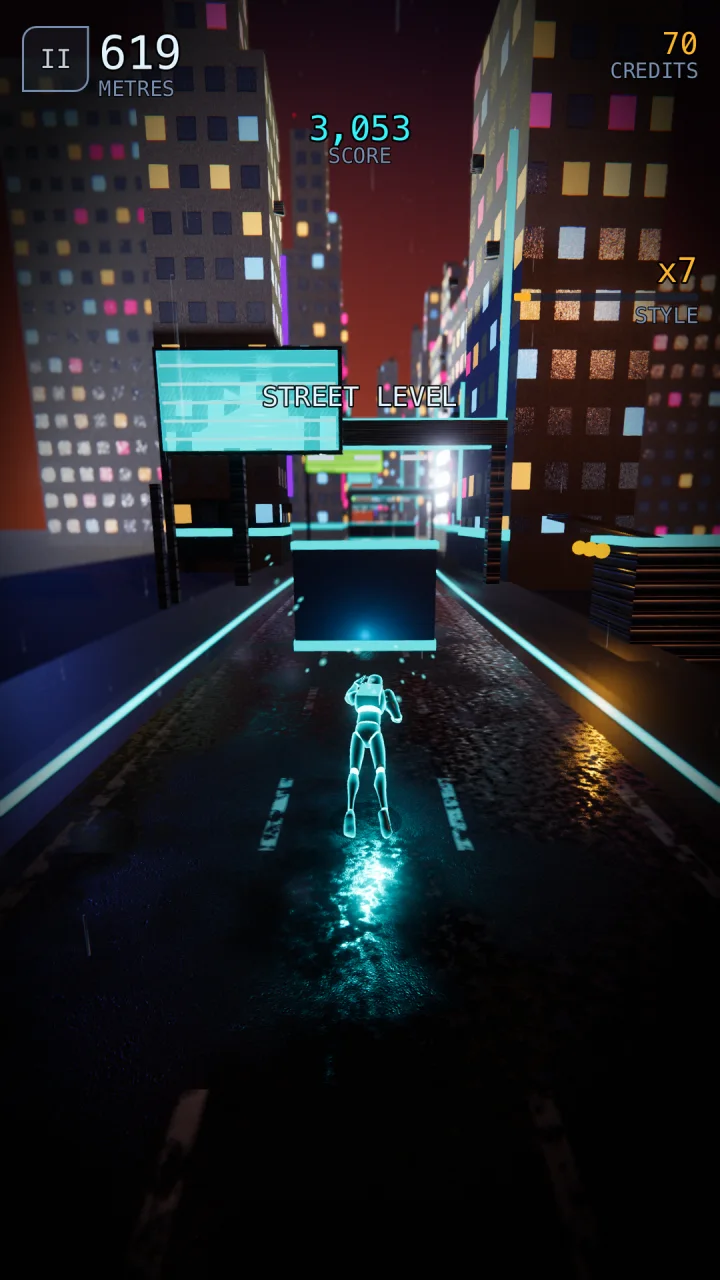 Sprinting down a neon grid street between traffic and rails.